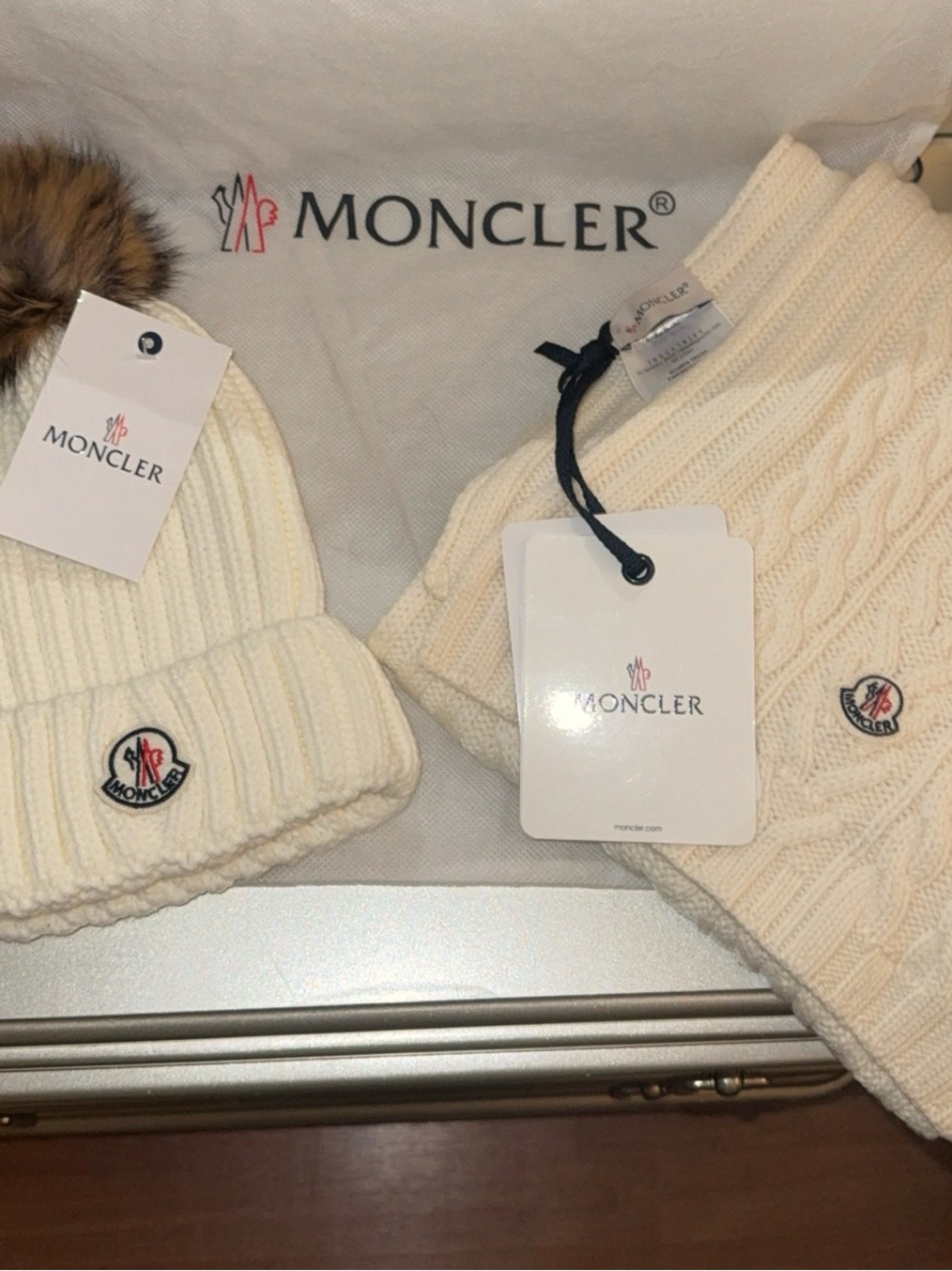 Moncler Cream Ribbed Knit Beanie with Fur Pom